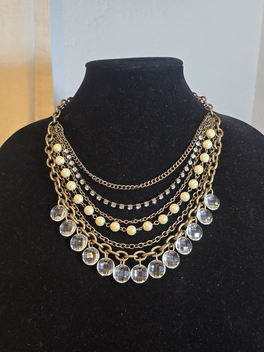 Gold-Tone Multi-Layer Pearl & Crystal Drop Necklace